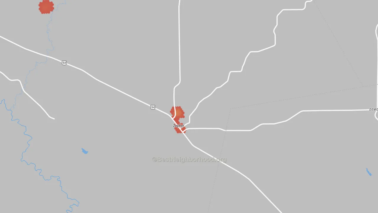 Walk Grade map of Zephyr, TX, walkable areas in green and car-dependent areas in red