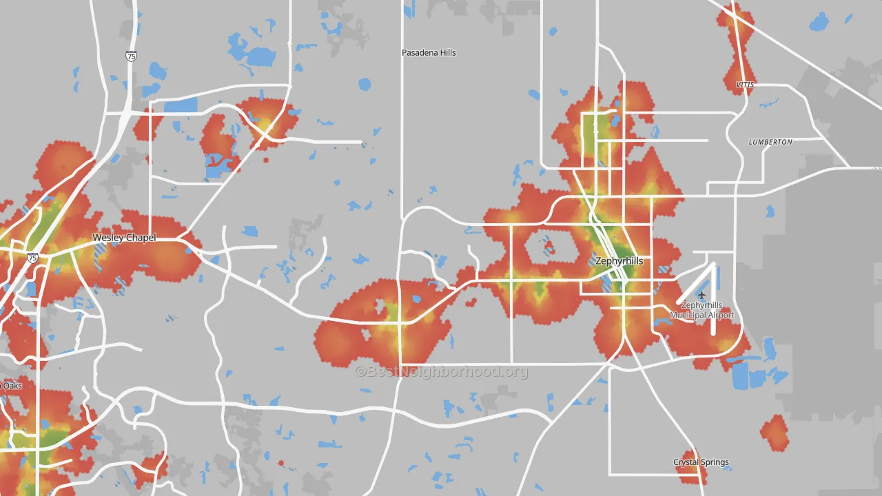 Walk Grade map of Zephyrhills, FL, walkable areas in green and car-dependent areas in red