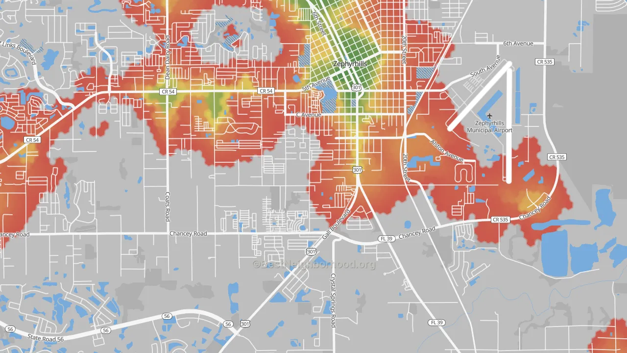 Walk Grade map of Zephyrhills South, FL, walkable areas in green and car-dependent areas in red