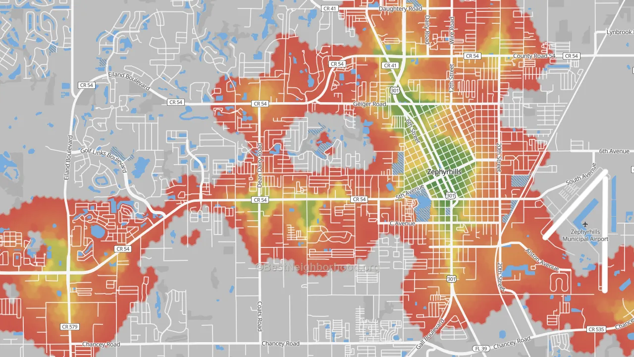 Walk Grade map of Zephyrhills West, FL, walkable areas in green and car-dependent areas in red