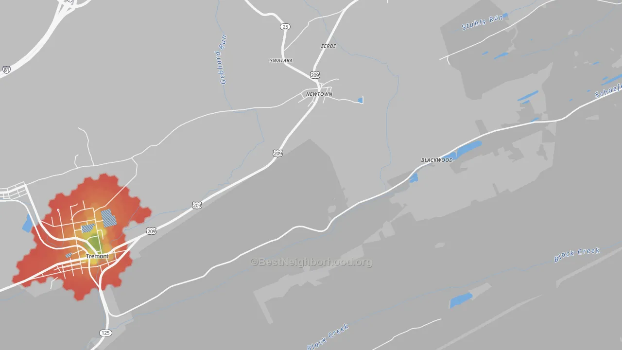 Walk Grade map of Zerbe, PA, walkable areas in green and car-dependent areas in red