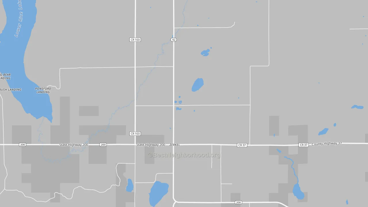 Walk Grade map of Zerkel, MN, walkable areas in green and car-dependent areas in red