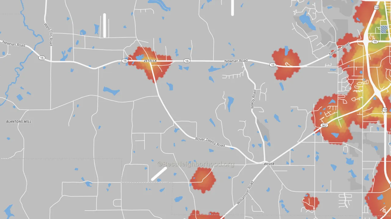 Walk Grade map of Zetella, GA, walkable areas in green and car-dependent areas in red
