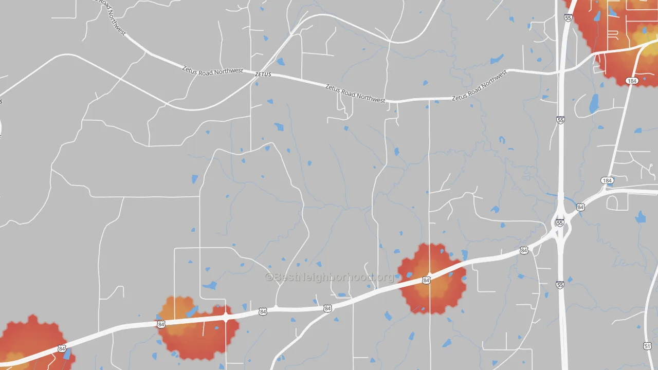 Walk Grade map of Zetus, MS, walkable areas in green and car-dependent areas in red