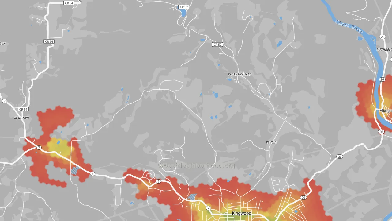 Walk Grade map of Zevely, WV, walkable areas in green and car-dependent areas in red
