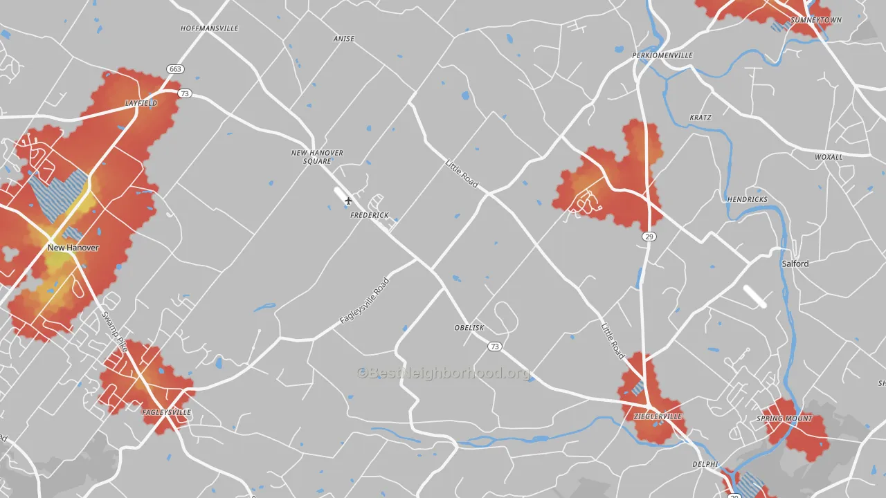 Walk Grade map of Zieglerville, PA, walkable areas in green and car-dependent areas in red