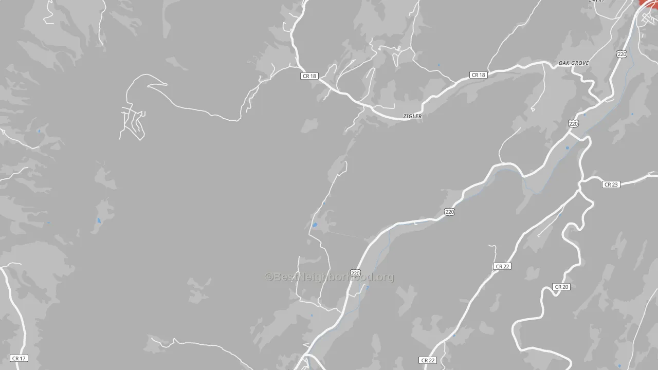 Walk Grade map of Zigler, WV, walkable areas in green and car-dependent areas in red