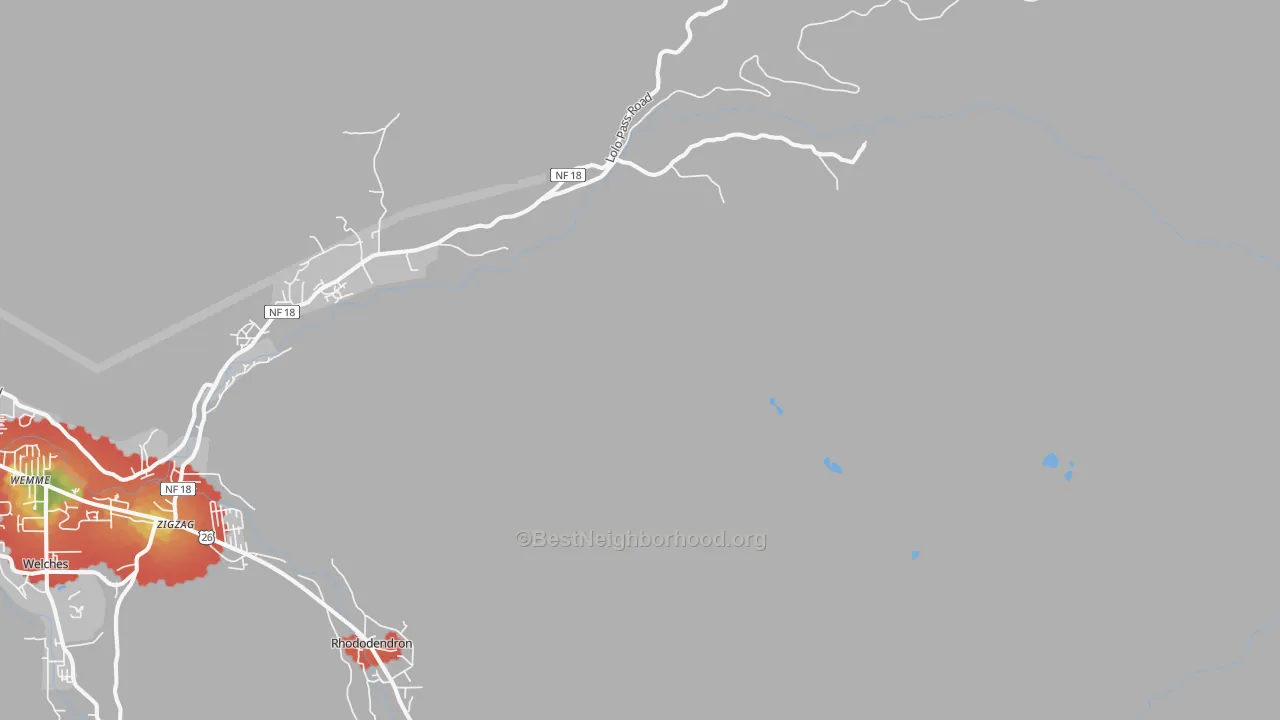 Walk Grade map of Zigzag, OR, walkable areas in green and car-dependent areas in red