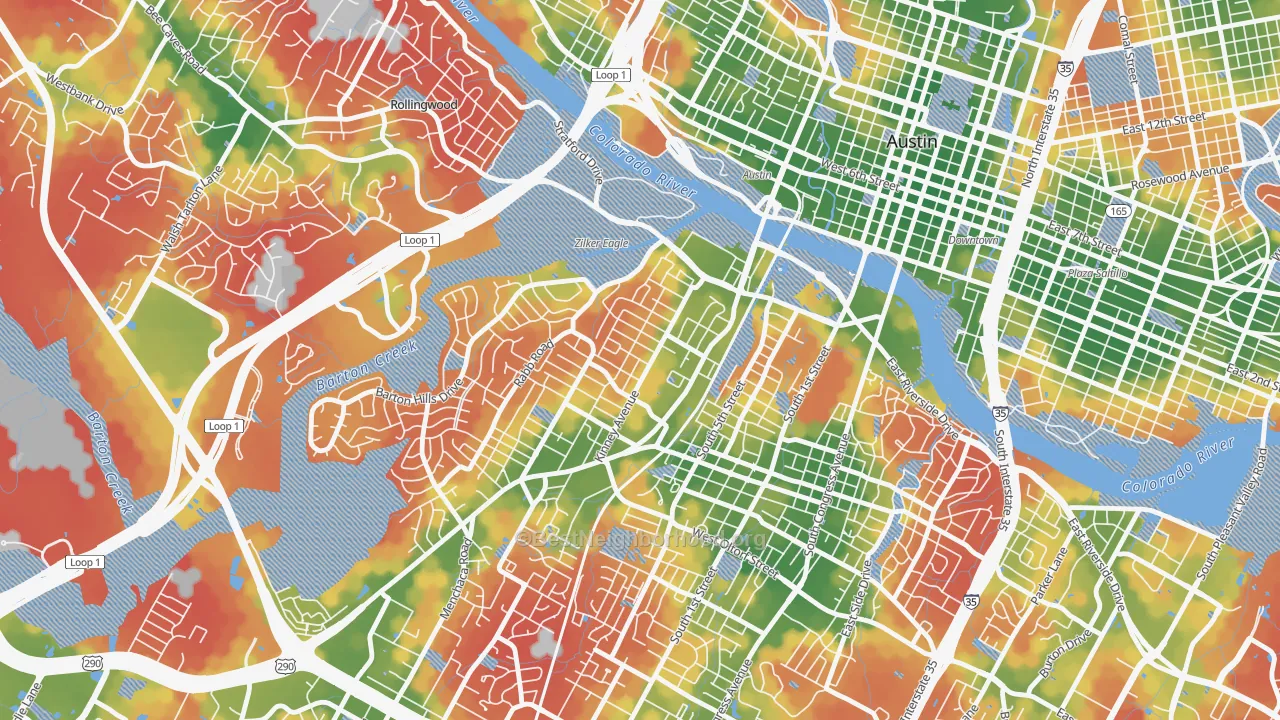 Walk Grade map of Zilker, Austin, TX, walkable areas in green and car-dependent areas in red