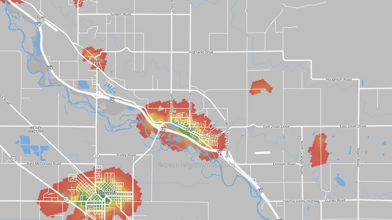 Walk Grade map of Zillah, WA, walkable areas in green and car-dependent areas in red