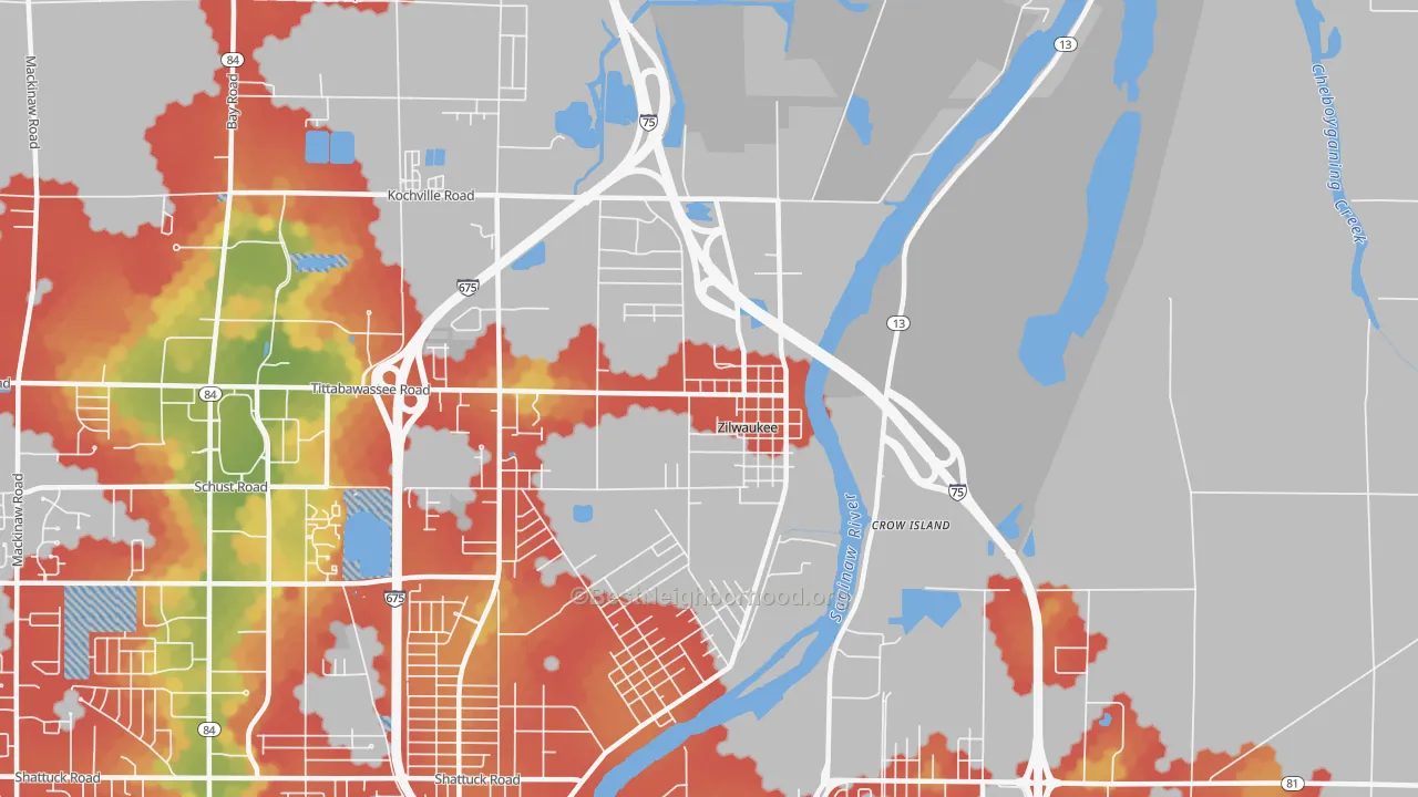 Walk Grade map of Zilwaukee, MI, walkable areas in green and car-dependent areas in red