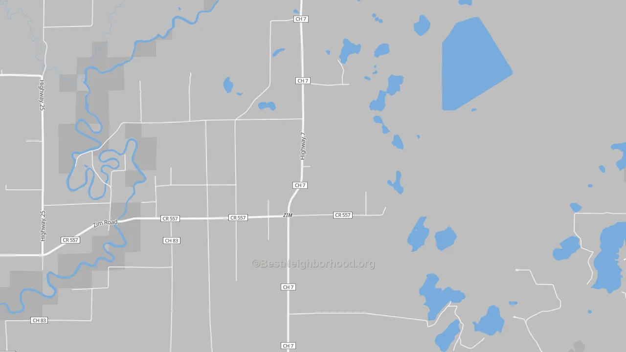 Walk Grade map of Zim, MN, walkable areas in green and car-dependent areas in red