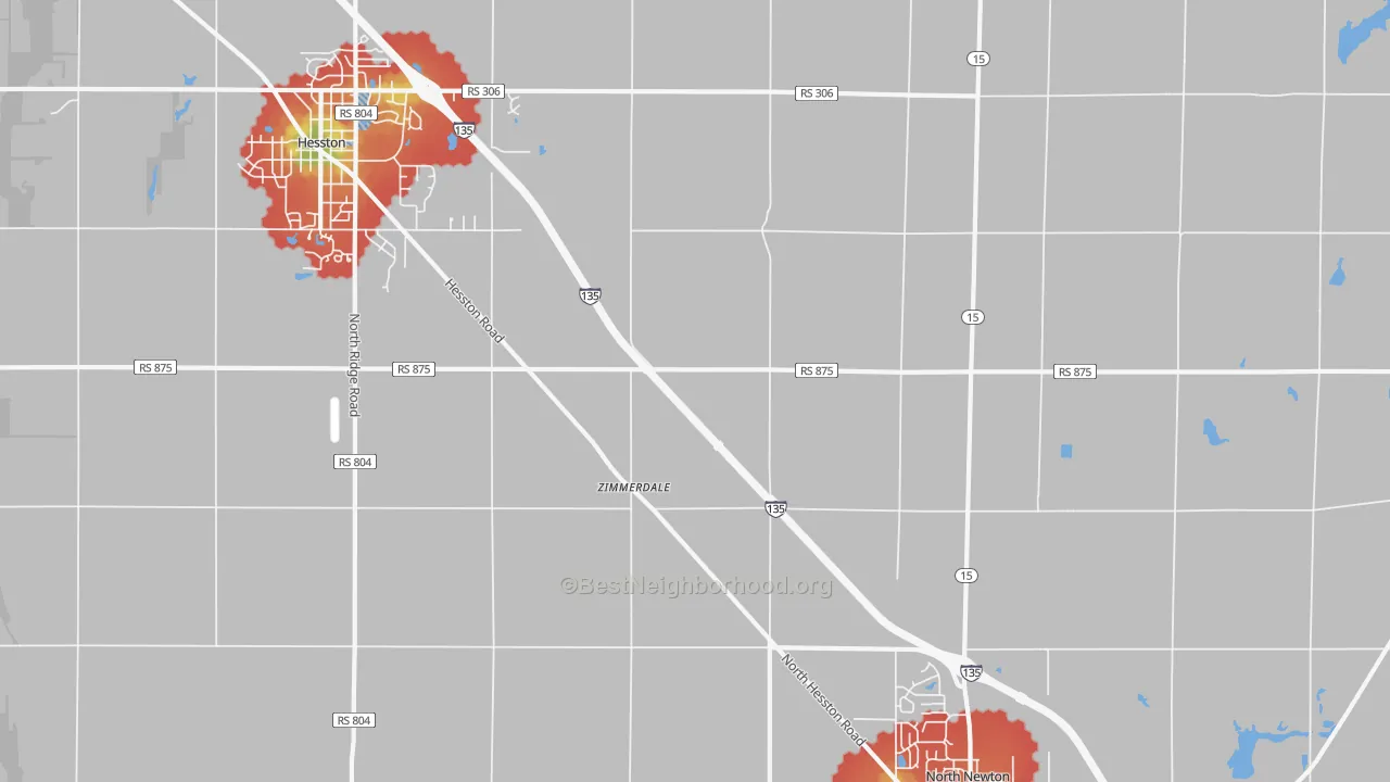 Walk Grade map of Zimmerdale, KS, walkable areas in green and car-dependent areas in red