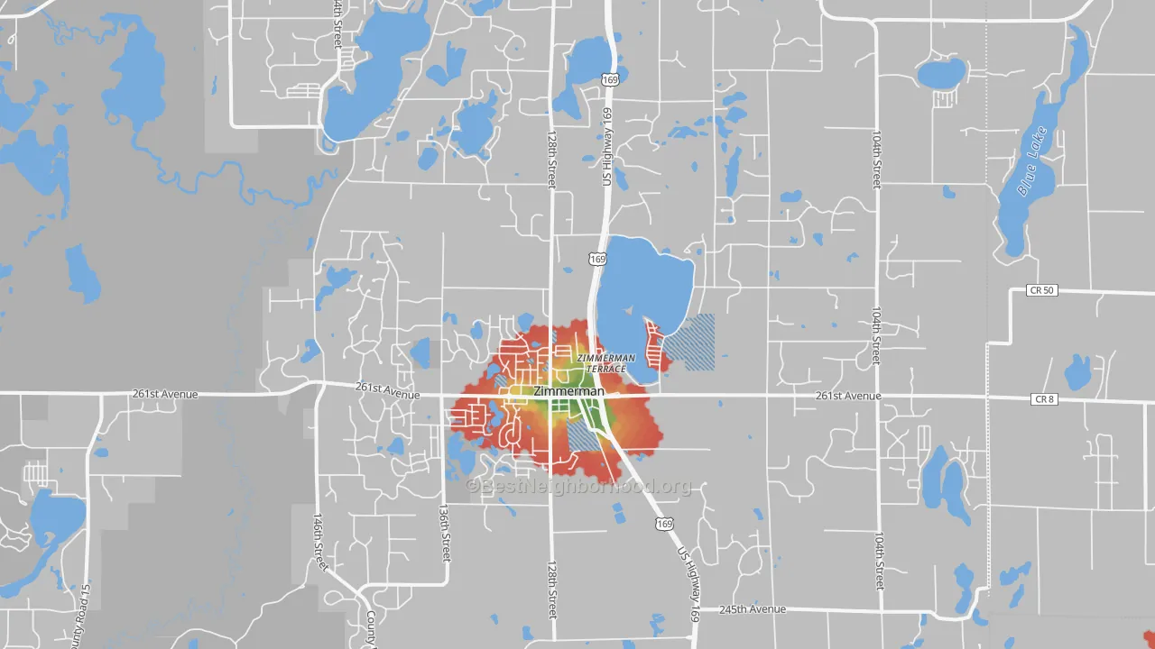 Walk Grade map of Zimmerman, MN, walkable areas in green and car-dependent areas in red