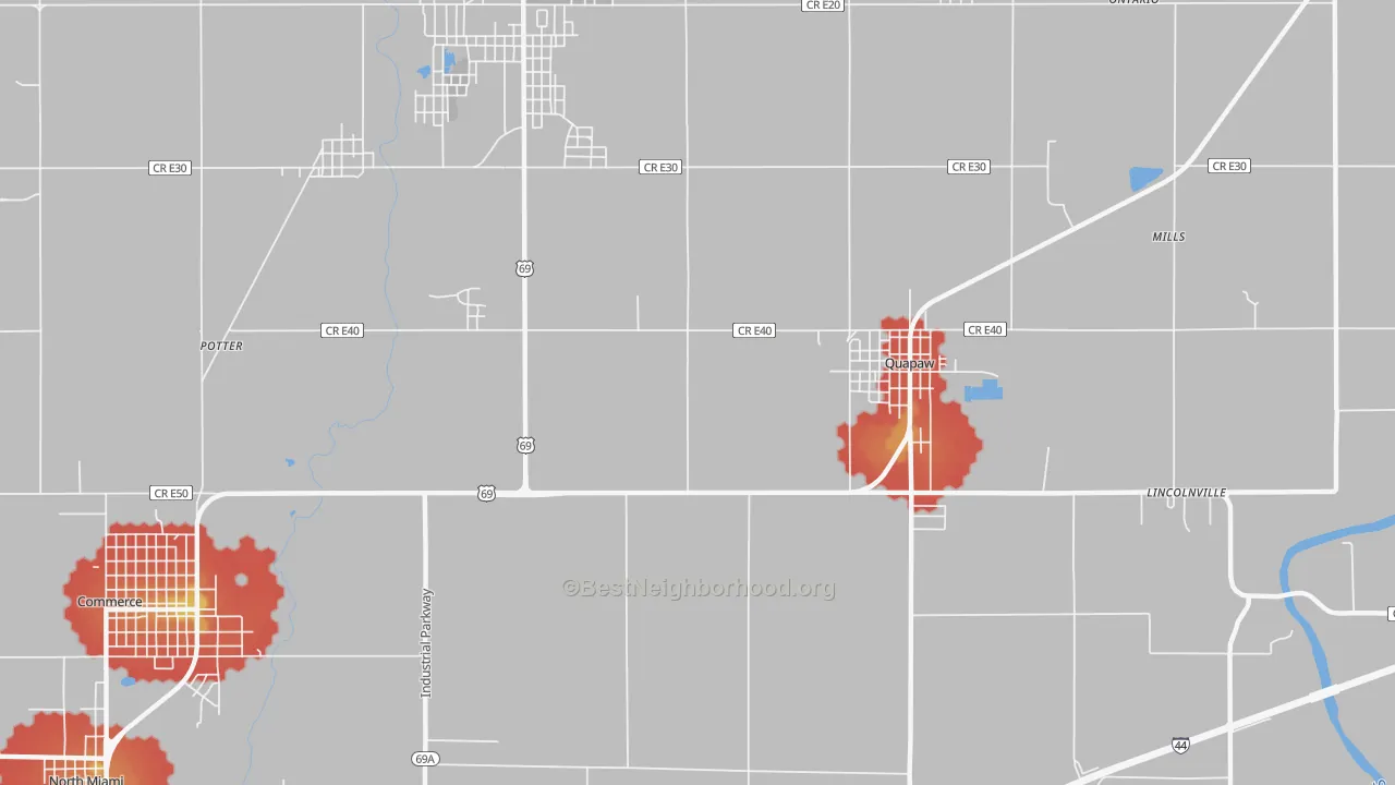Walk Grade map of Zincville, OK, walkable areas in green and car-dependent areas in red
