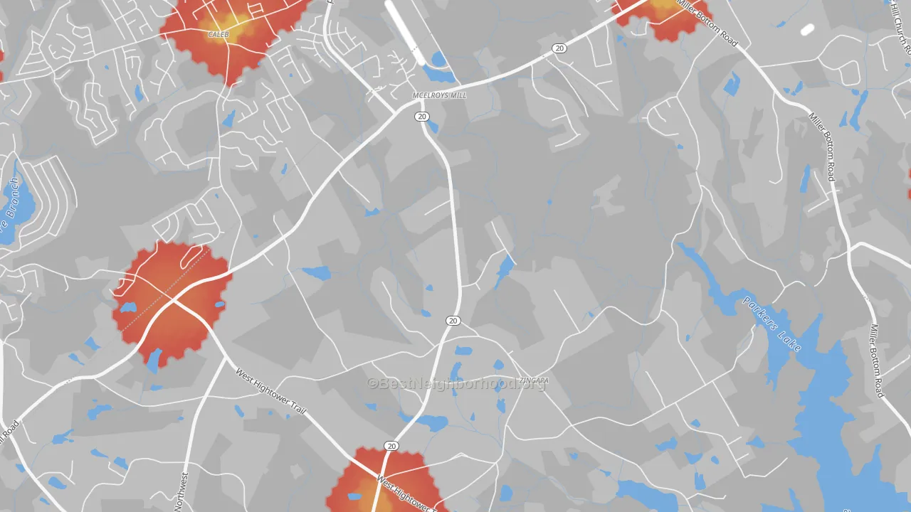 Walk Grade map of Zingara, GA, walkable areas in green and car-dependent areas in red
