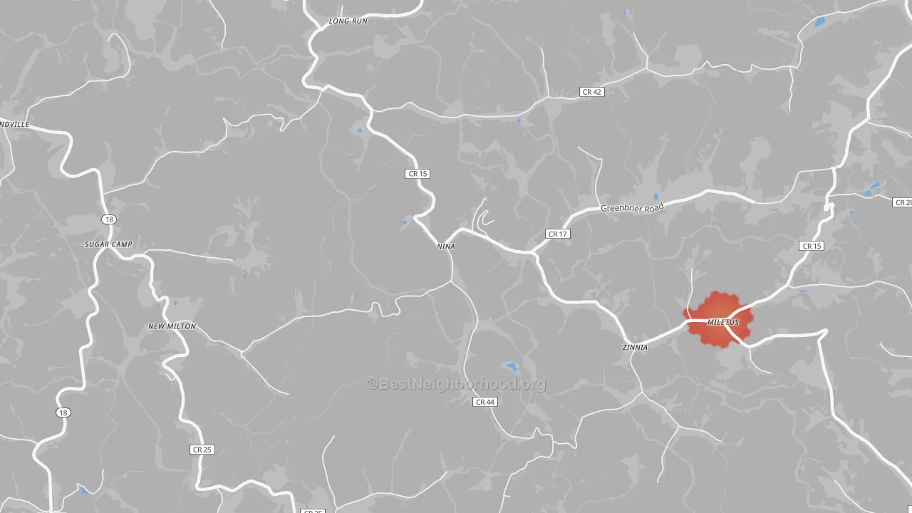 Walk Grade map of Zinnia, WV, walkable areas in green and car-dependent areas in red