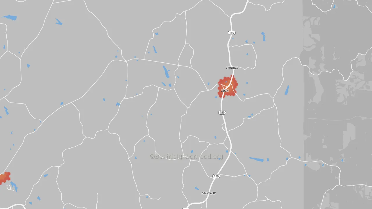 Walk Grade map of Zion, AL, walkable areas in green and car-dependent areas in red