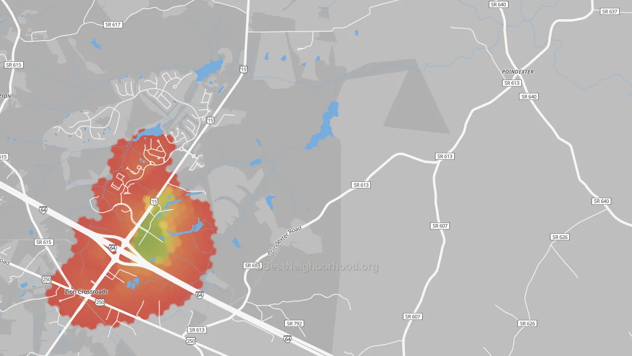 Walk Grade map of Zion Crossroads, VA, walkable areas in green and car-dependent areas in red