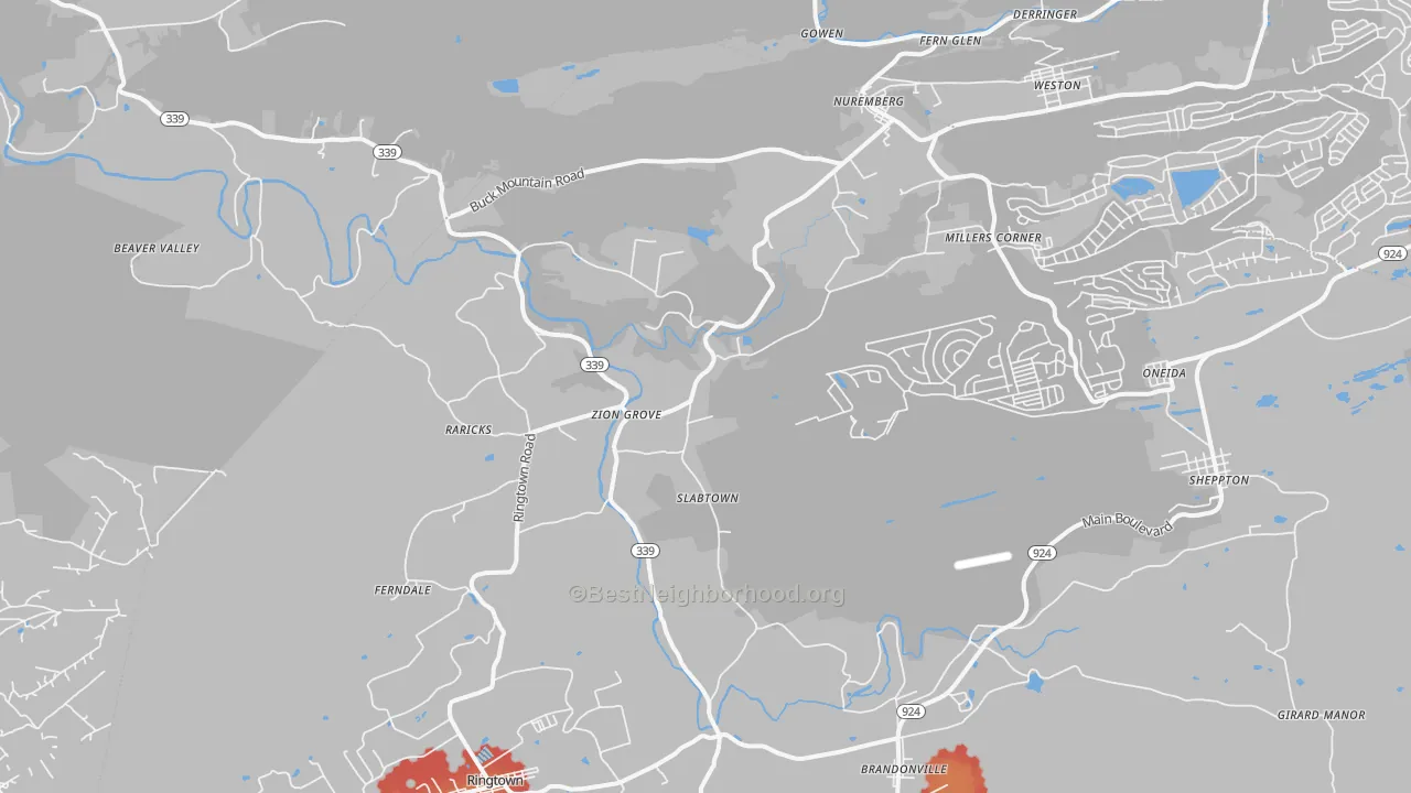 Walk Grade map of Zion Grove, PA, walkable areas in green and car-dependent areas in red