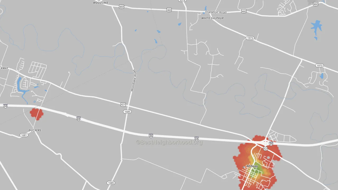 Walk Grade map of Zion Hill, KY, walkable areas in green and car-dependent areas in red