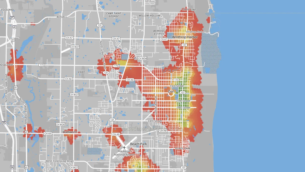 Walk Grade map of Zion, IL, walkable areas in green and car-dependent areas in red