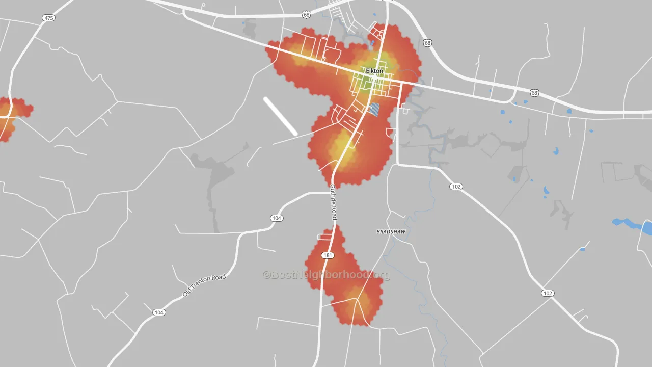 Walk Grade map of Zion, KY, walkable areas in green and car-dependent areas in red