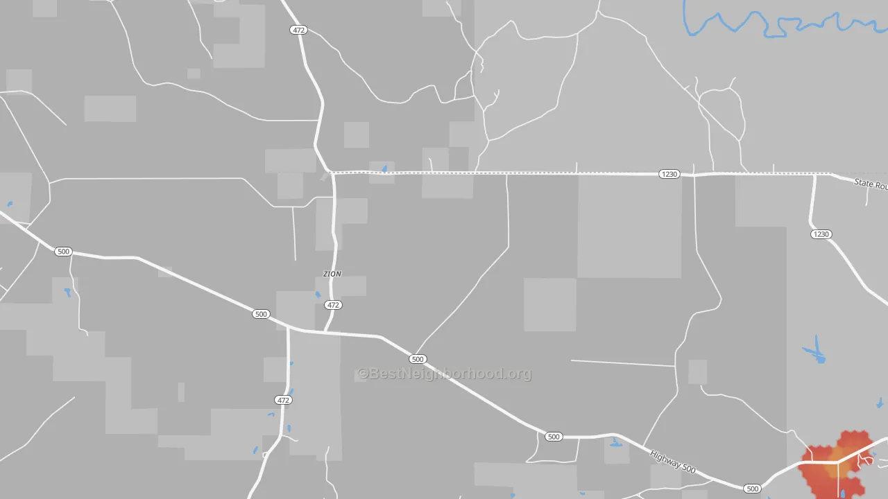 Walk Grade map of Zion, LA, walkable areas in green and car-dependent areas in red
