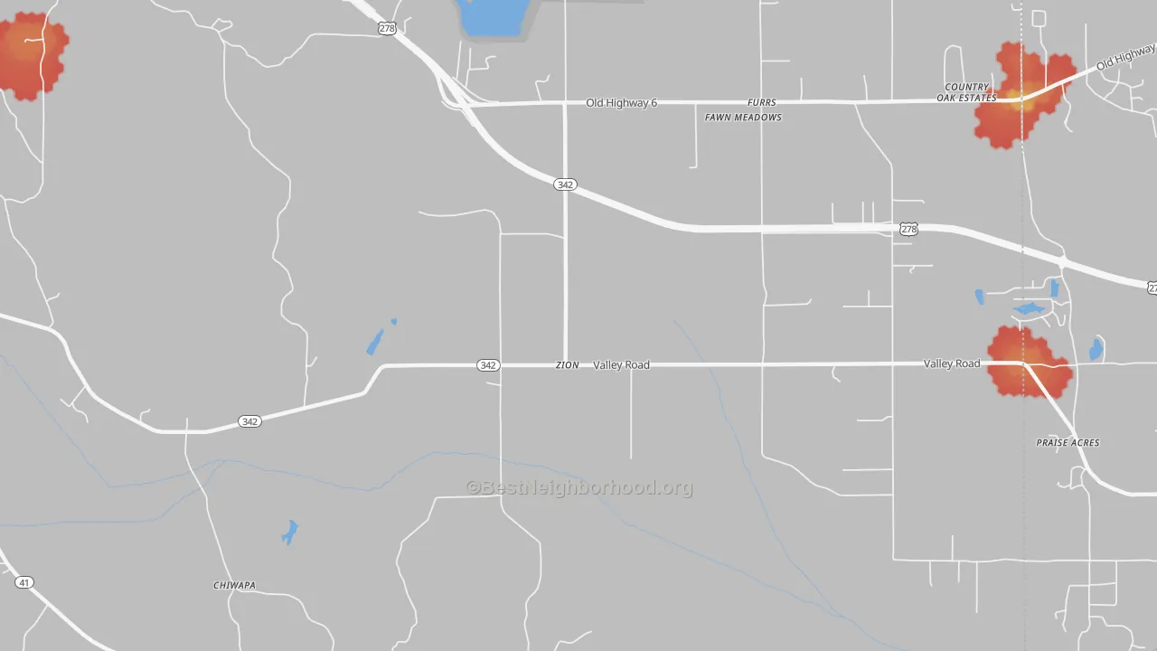Walk Grade map of Zion, MS, walkable areas in green and car-dependent areas in red