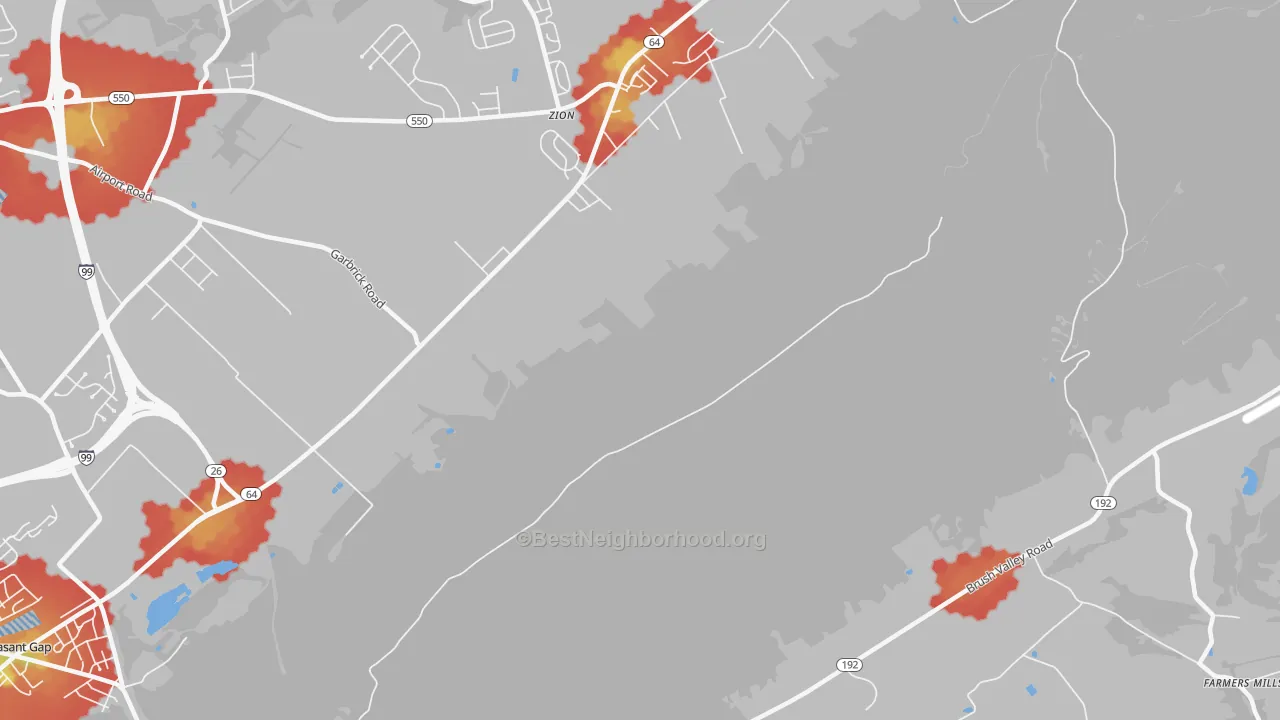 Walk Grade map of Zion, PA, walkable areas in green and car-dependent areas in red