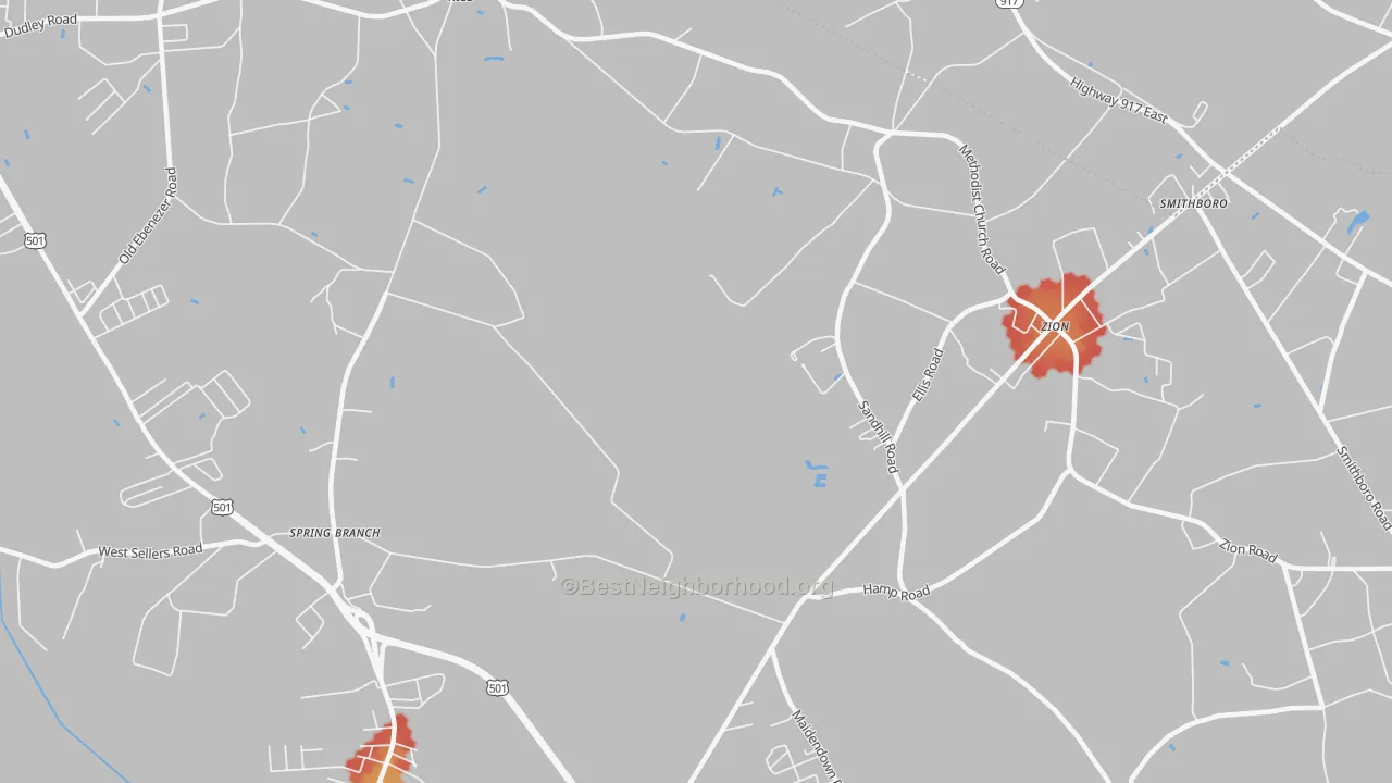 Walk Grade map of Zion, SC, walkable areas in green and car-dependent areas in red