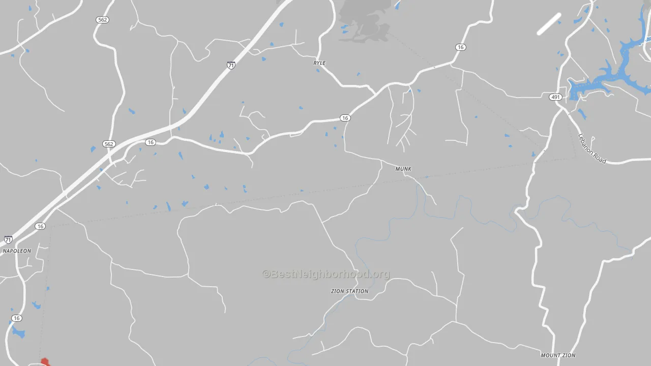 Walk Grade map of Zion Station, KY, walkable areas in green and car-dependent areas in red
