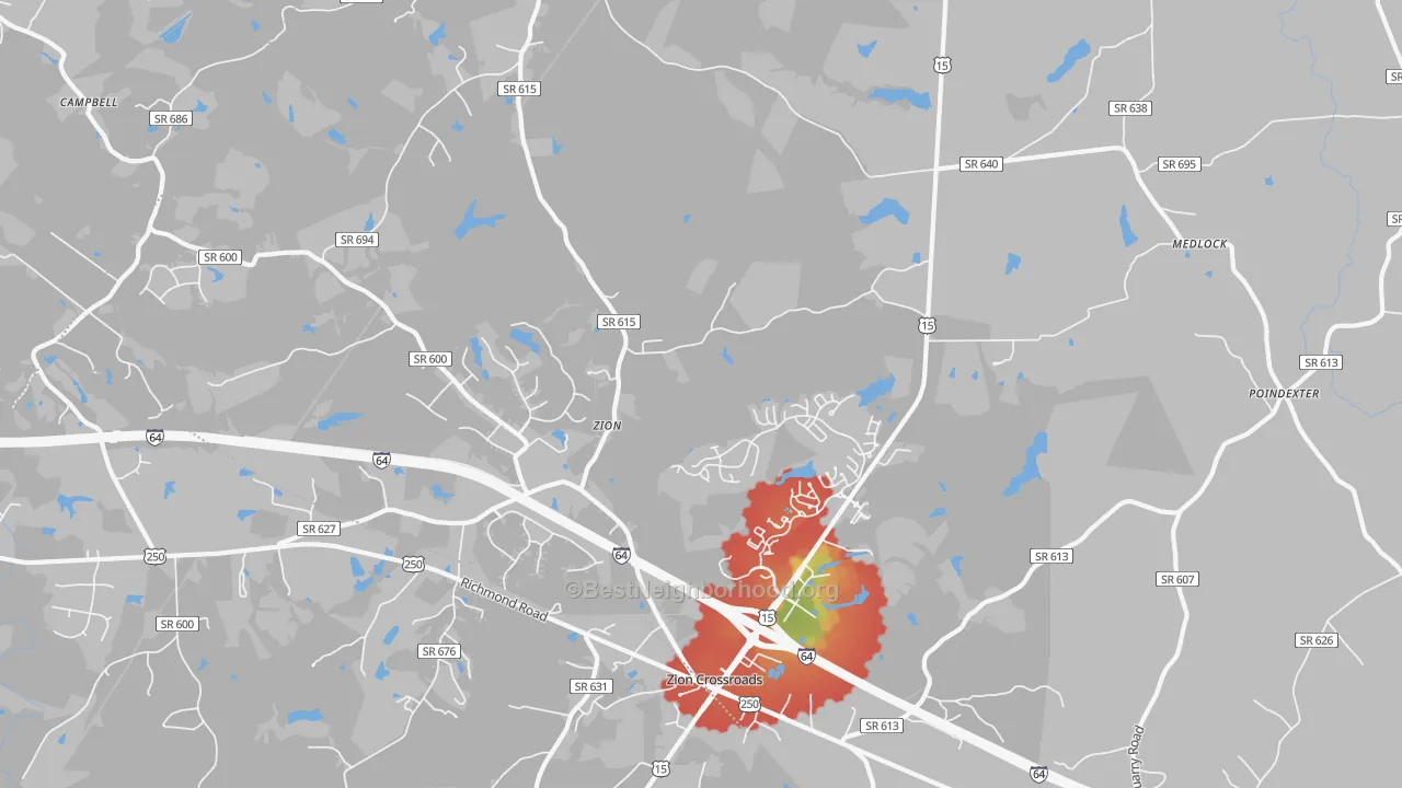 Walk Grade map of Zion, VA, walkable areas in green and car-dependent areas in red