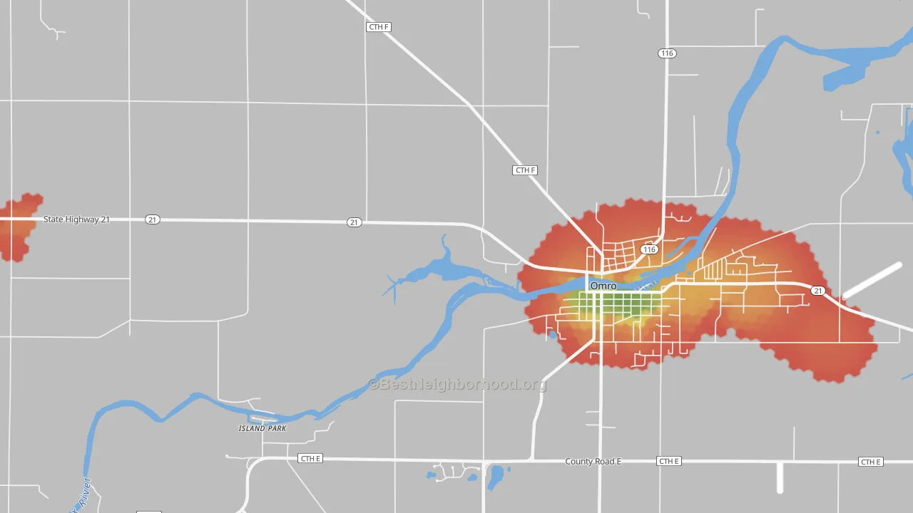 Walk Grade map of Zion, WI, walkable areas in green and car-dependent areas in red