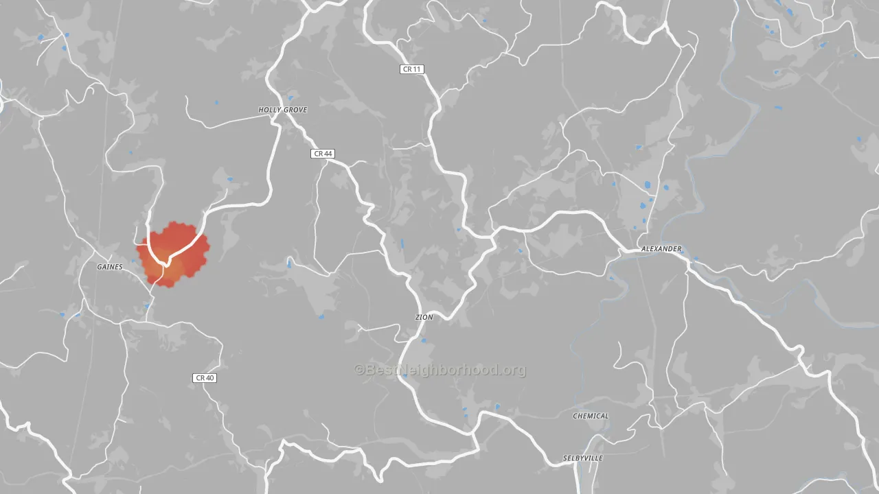 Walk Grade map of Zion, WV, walkable areas in green and car-dependent areas in red