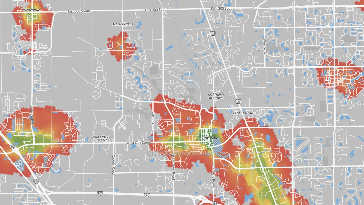 Walk Grade map of Zionsville, IN, walkable areas in green and car-dependent areas in red
