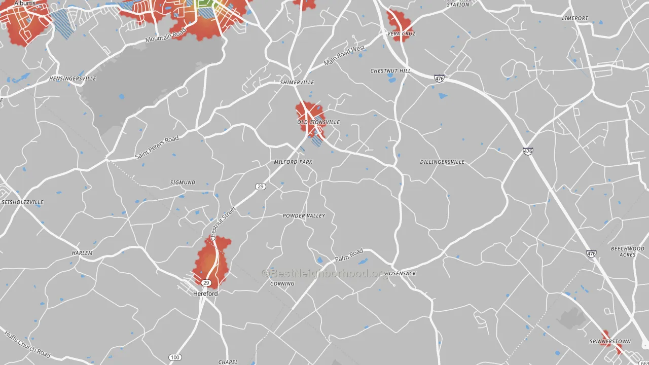 Walk Grade map of Zionsville, PA, walkable areas in green and car-dependent areas in red