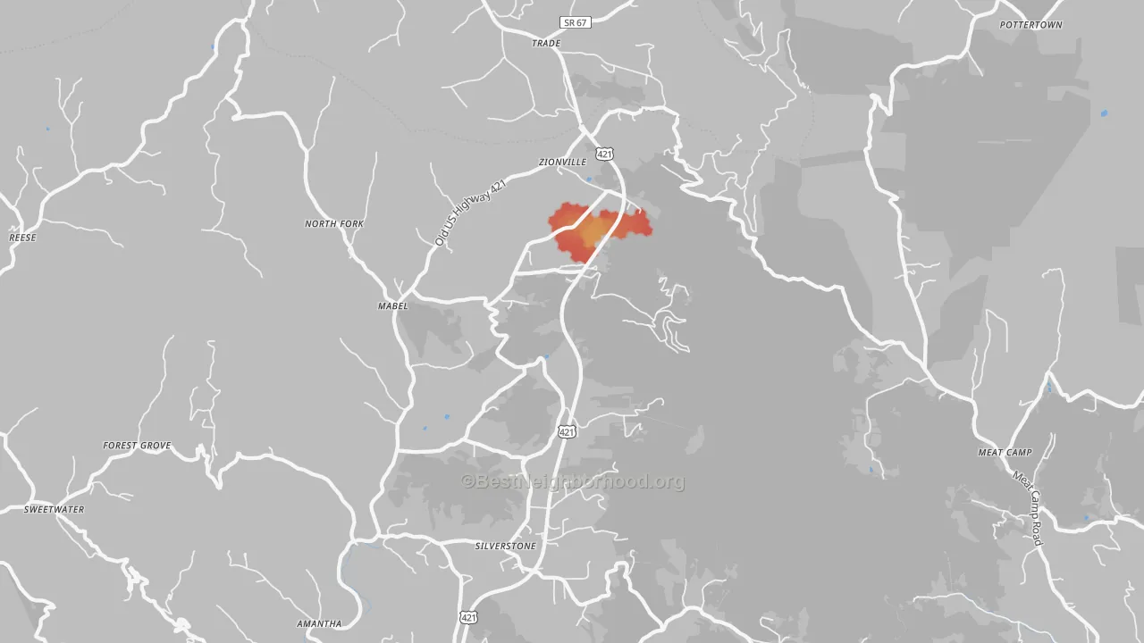 Walk Grade map of Zionville, NC, walkable areas in green and car-dependent areas in red