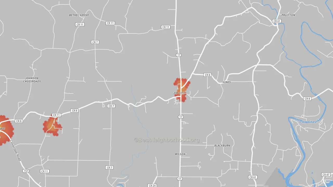 Walk Grade map of Zip City, AL, walkable areas in green and car-dependent areas in red