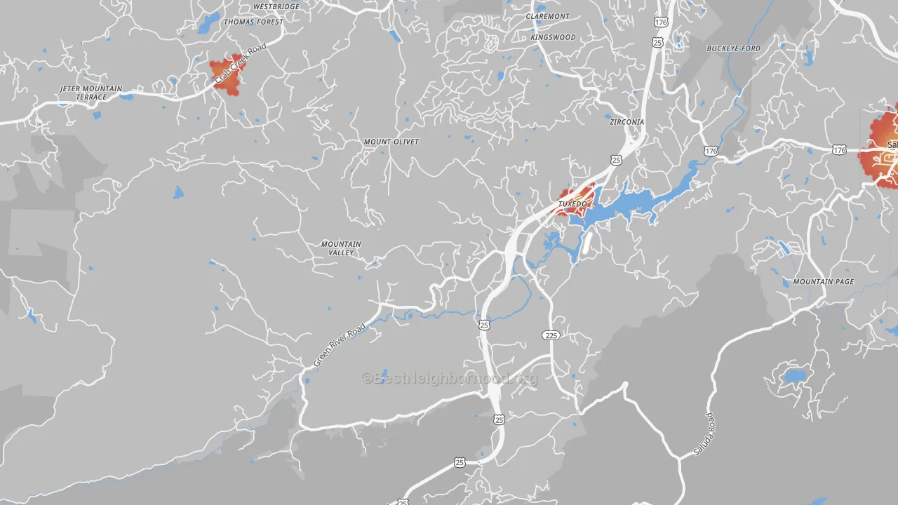 Walk Grade map of Zirconia, NC, walkable areas in green and car-dependent areas in red