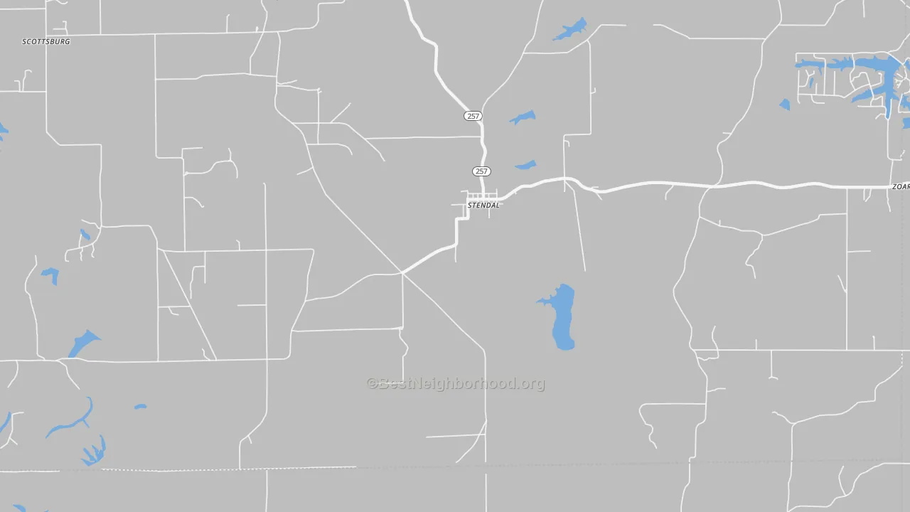 Walk Grade map of Zoar, IN, walkable areas in green and car-dependent areas in red