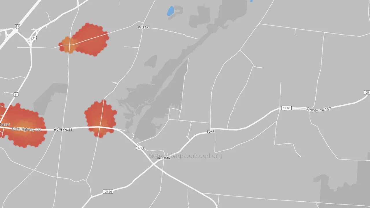 Walk Grade map of Zoar, NY, walkable areas in green and car-dependent areas in red