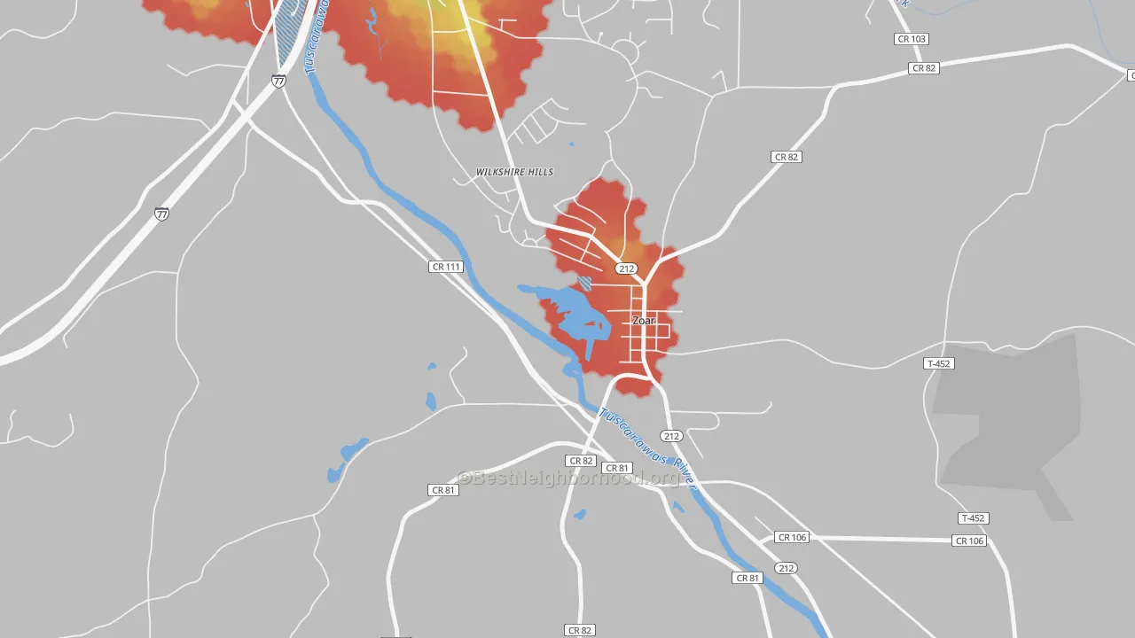 Walk Grade map of Zoar, OH, walkable areas in green and car-dependent areas in red