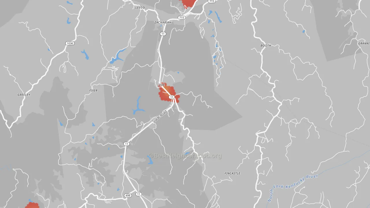 Walk Grade map of Zoe, KY, walkable areas in green and car-dependent areas in red