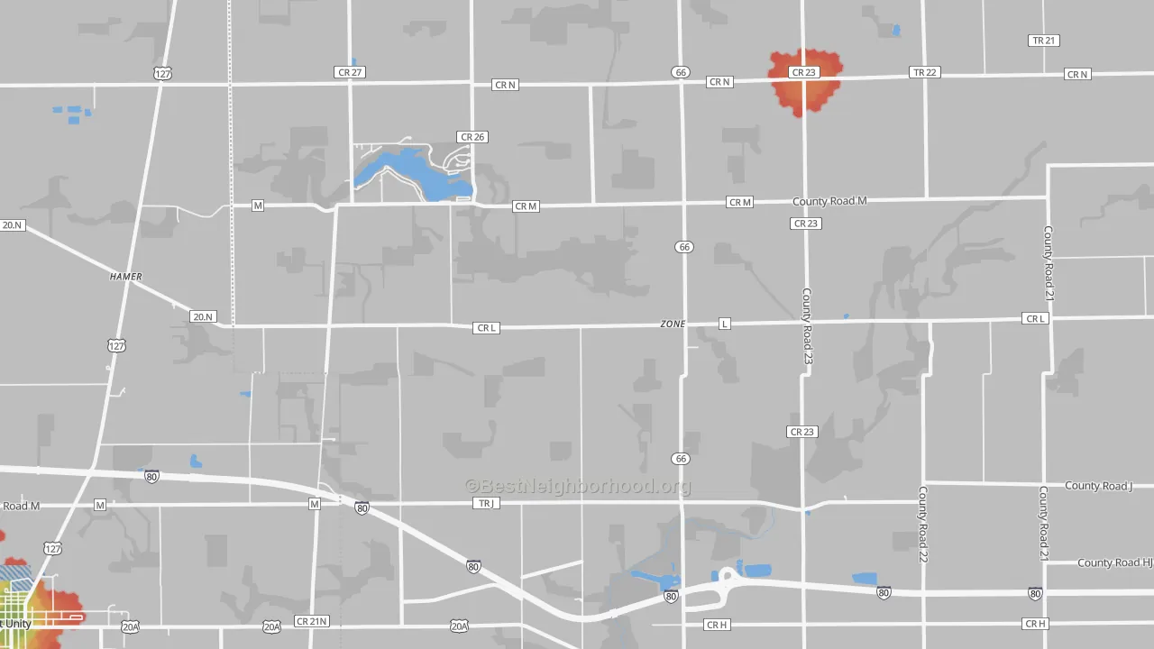 Walk Grade map of Zone, OH, walkable areas in green and car-dependent areas in red