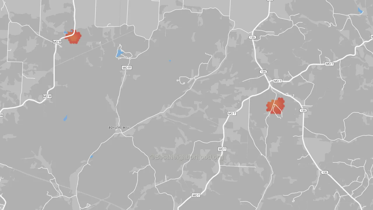 Walk Grade map of Zora, MO, walkable areas in green and car-dependent areas in red