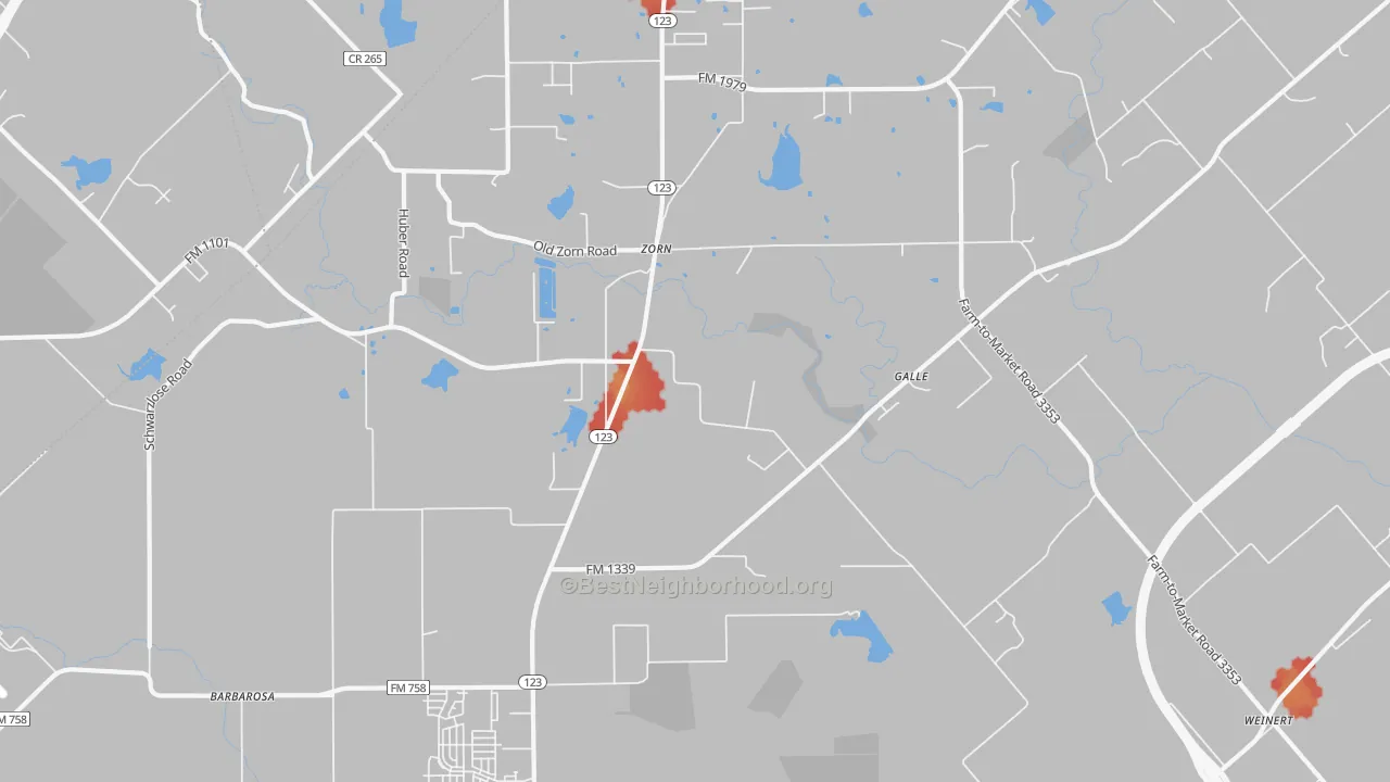Walk Grade map of Zorn, TX, walkable areas in green and car-dependent areas in red