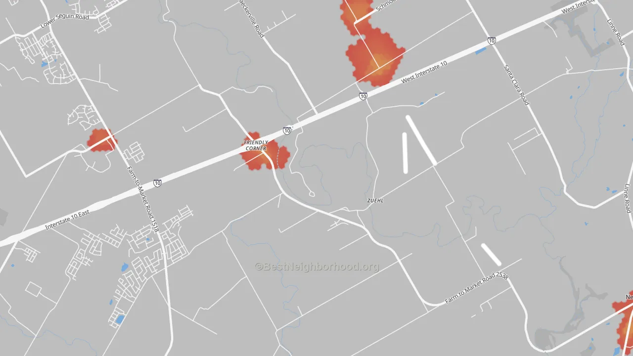 Walk Grade map of Zuehl, TX, walkable areas in green and car-dependent areas in red