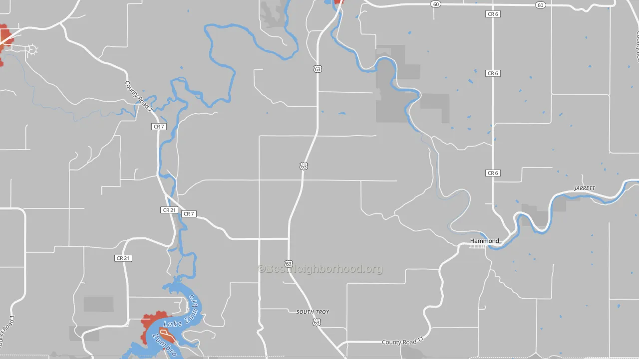 Walk Grade map of Zumbro Falls, MN, walkable areas in green and car-dependent areas in red