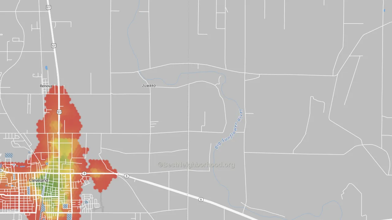 Walk Grade map of Zumbro, MS, walkable areas in green and car-dependent areas in red